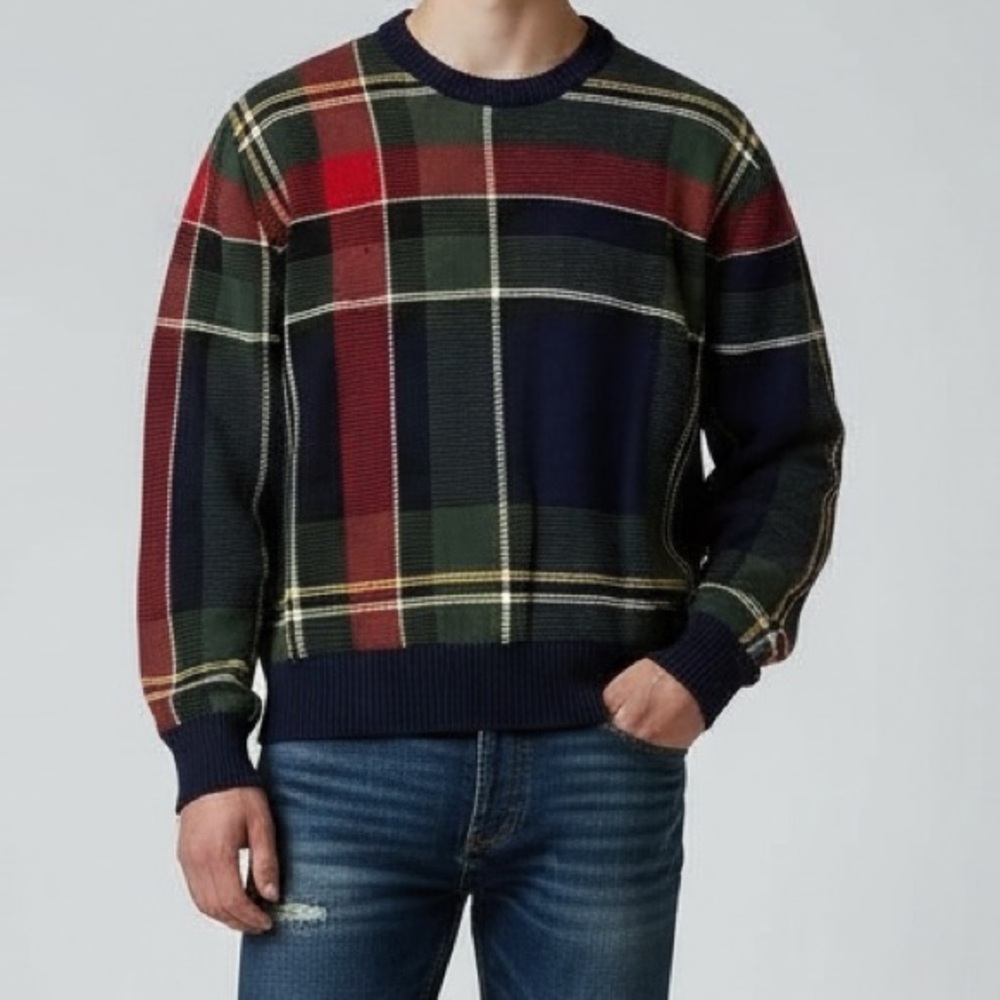 Mens Vintage Plaid Cotton Fisherman Sweater Large Preppy Heritage Indie Crewneck